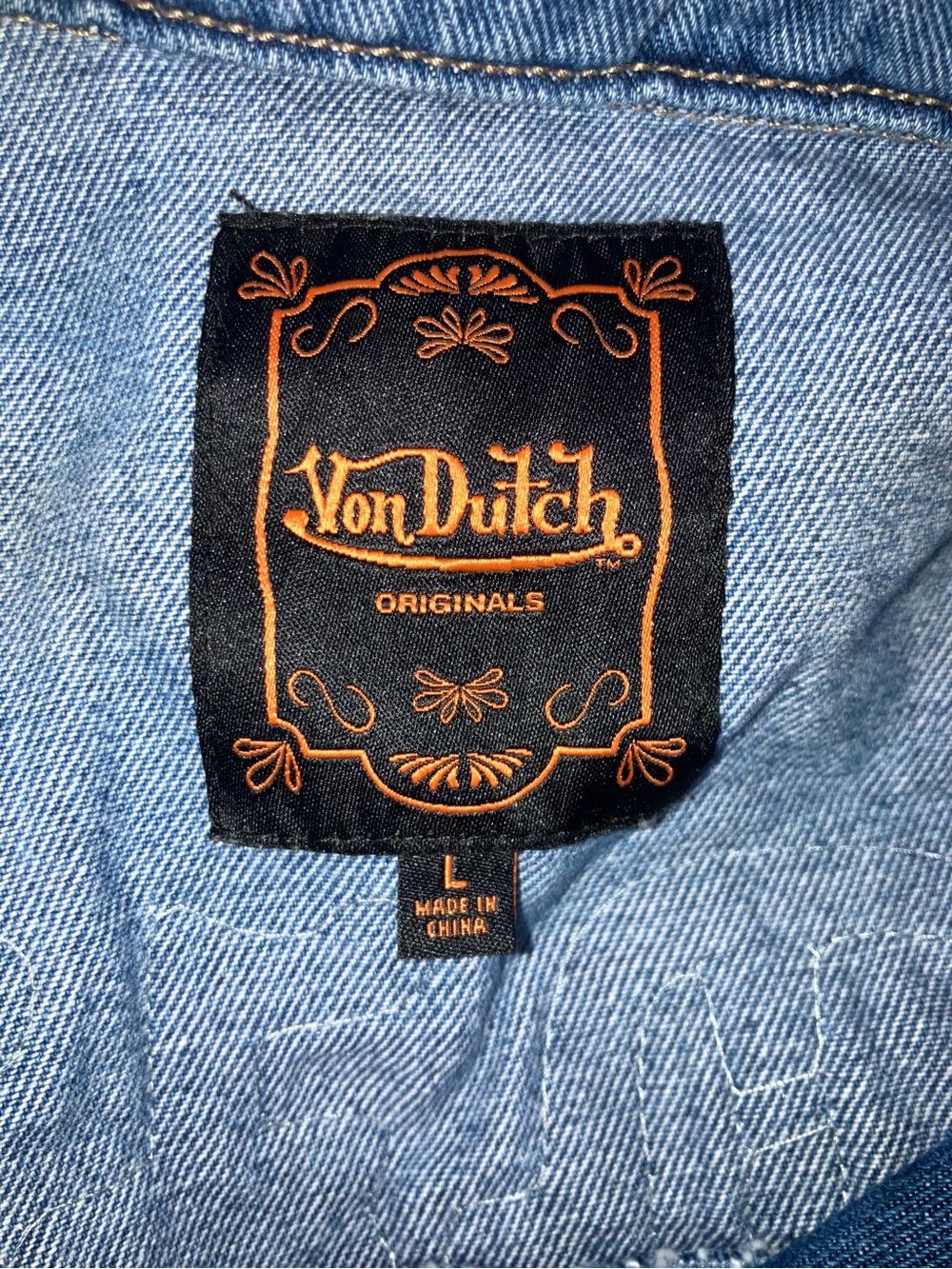 Von Dutch Women’s Cropped Denim Jacket Y2K Logo Patch Blue Jean Trucker Size L - Picture 7 of 10